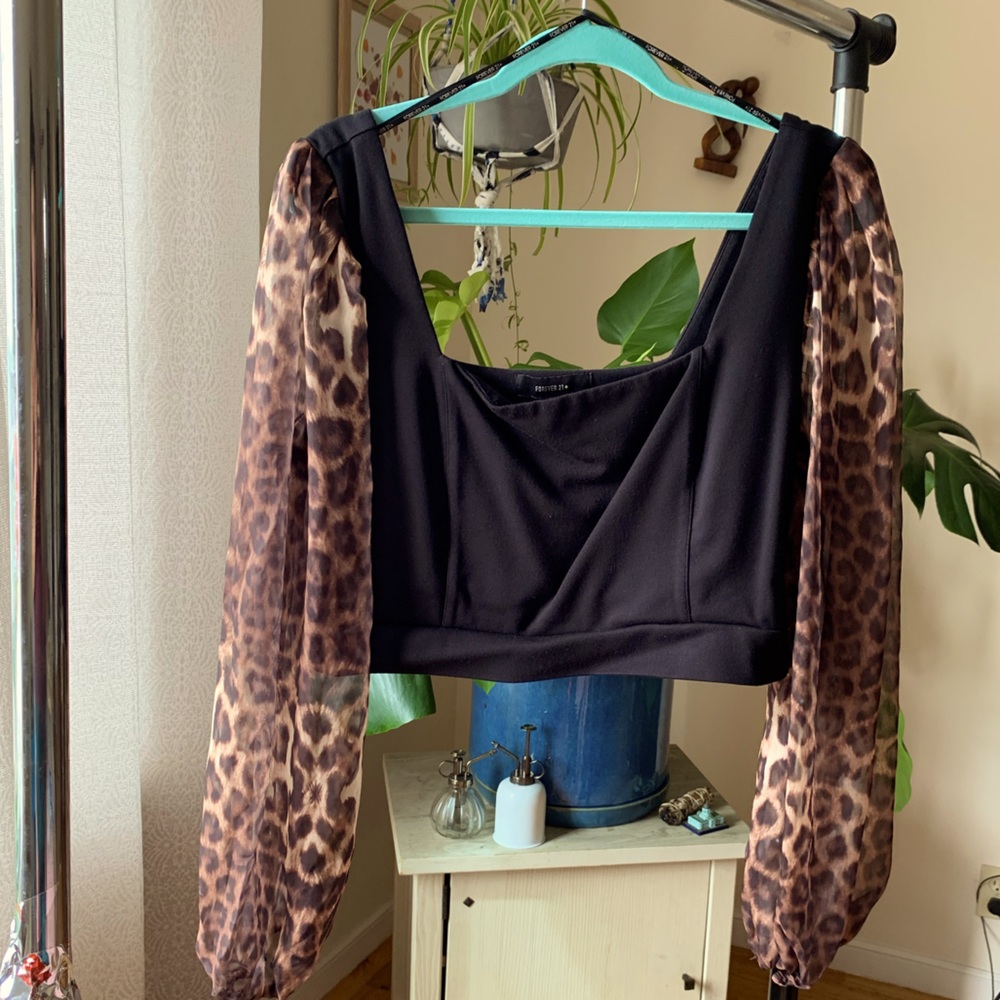 Structured Blouse with Leopard Print Sleeves